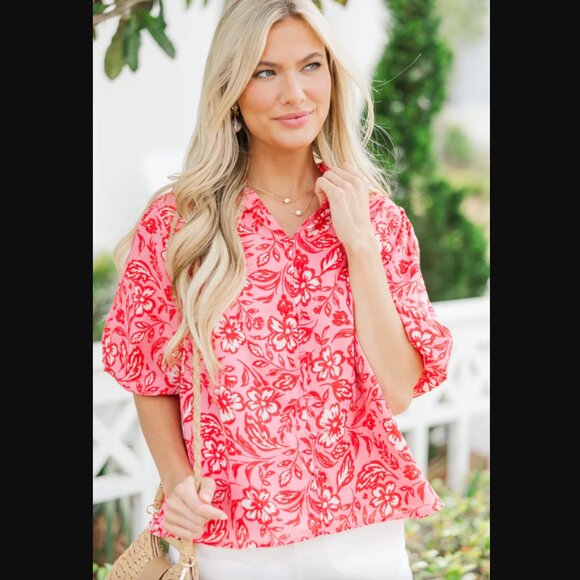Fate Take Notes Red Pink Ditsy Floral Blouse 100% cotton sz L - Picture 1 of 16